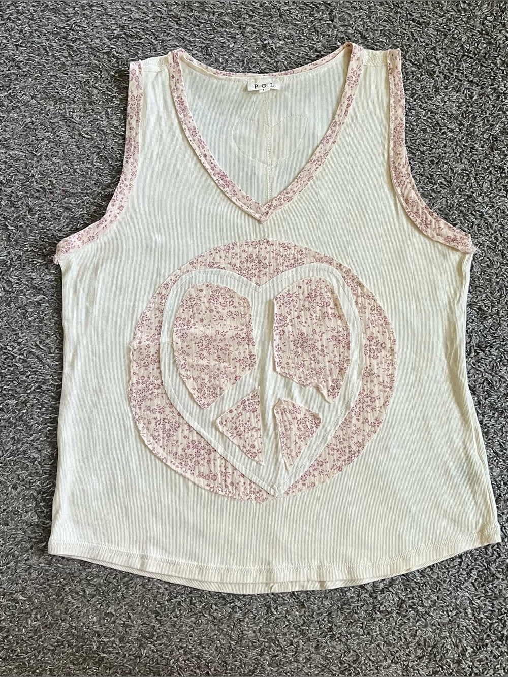 POL Peace of My Heart Tank Top Cream Pink V Neck Applique Boho Large
